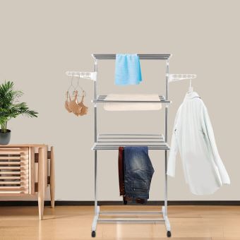 3 étagères, Séchoir à linge inox étendoir pliable,avec ailes et barre supérieure Blanc 3 étagères, Séchoir à linge inox étendoir pliable,avec ailes et barre supérieure Blanc