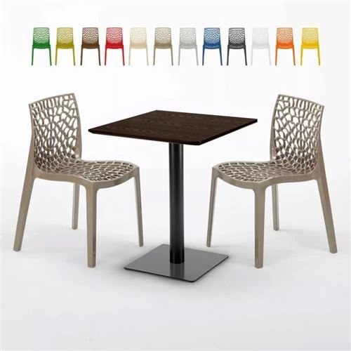 Table carrée 60x60 pied noir et surface bois avec 2 chaises colorées Gruvyer Kiss, Couleur: Beige Juta