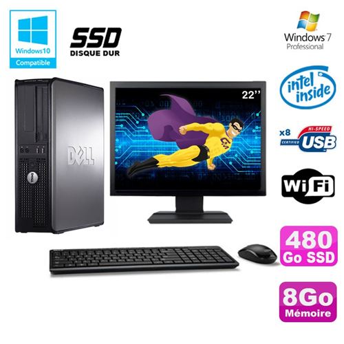 PC Dell Optiplex 780 Dt Intel E7500 2.93Ghz 8Go 480Go SSD WiFi W7 Ecran 22'