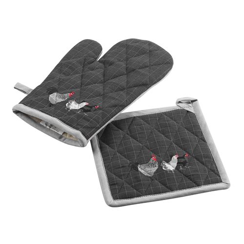 Gant + manique 18 x 28 cm/20 x 20 cm coton imprime auberge Anthracite