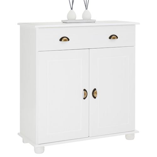 Buffet COLMAR commode bahut vaisselier meuble bas rangement avec 1 tiroir et 2 portes, en pin massif lasuré blanc