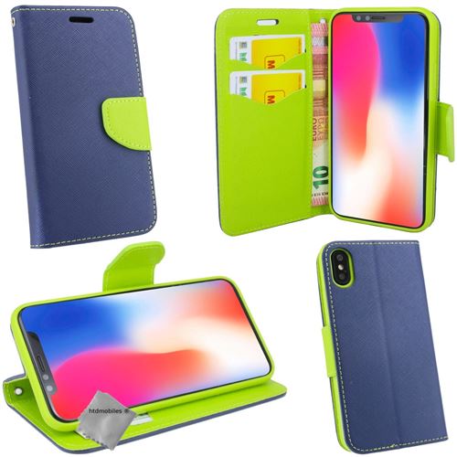 Housse etui coque pochette portefeuille pour Apple iPhone XR avec verre trempe - BLEU / VERT