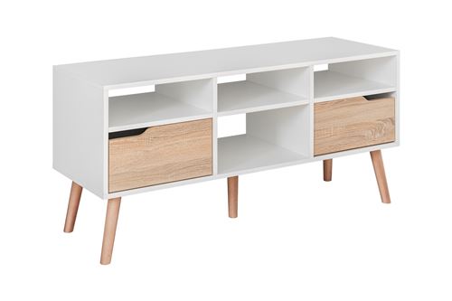 SVEN - Meuble bas TV style scandinave salon séjour - 117x58x38 Blanc/Chêne