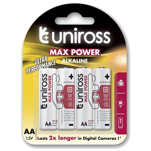 UNIROSS Pack de 4 Piles Alcalines AA-LR6 Max Power High Tech 1,5V
