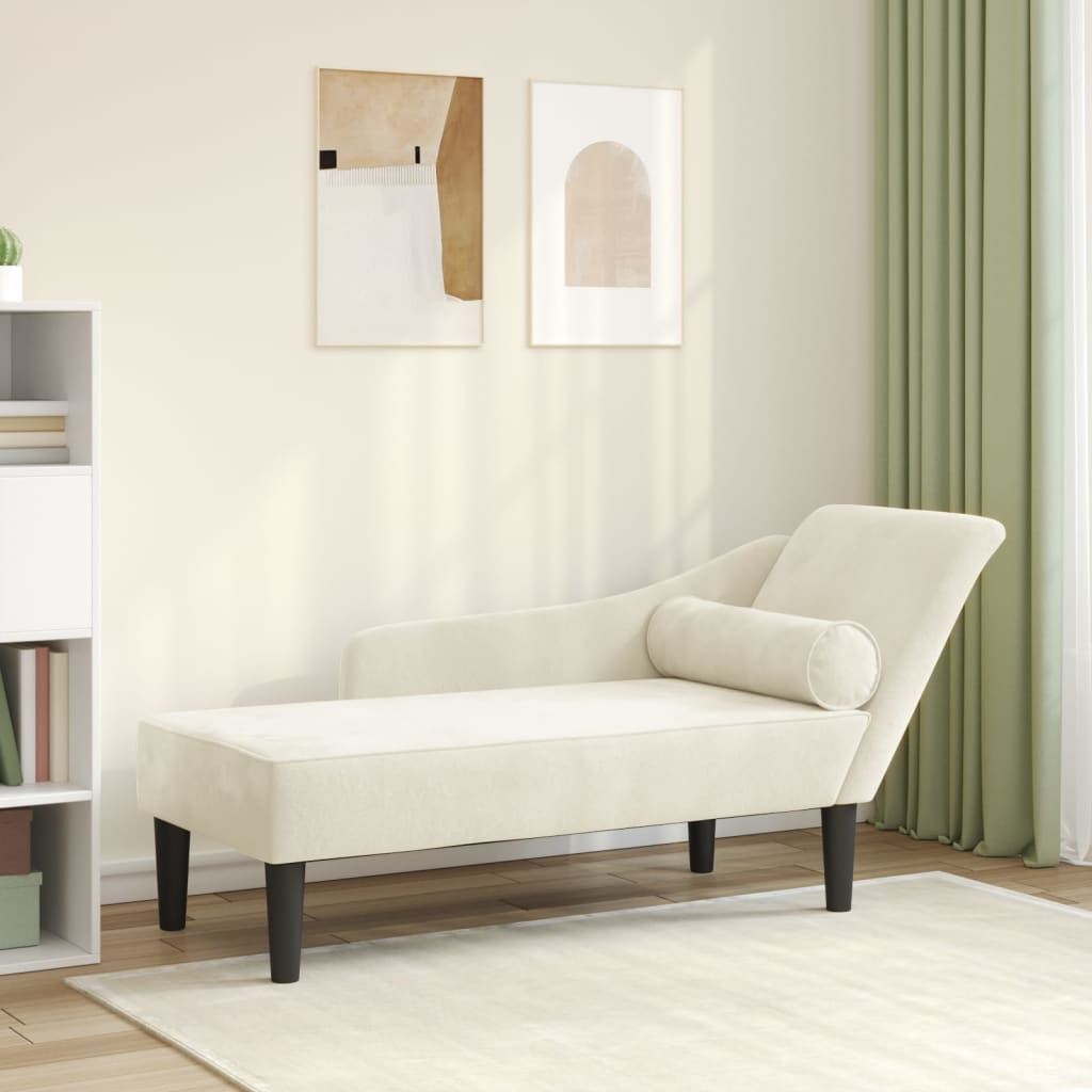 Chaise Longue Rembourrée Velours Crème 2 Places - 141x55.5 Cm - Structure Bois, Mousse HR - VidaXL - 2