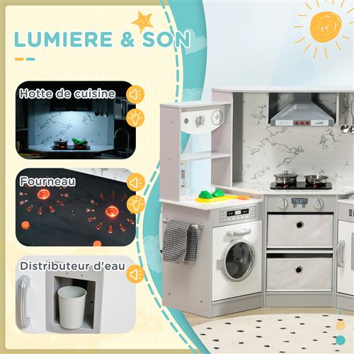 Cuisine interactive en bois enfant avec frigo évier machine à laver et  équipement jeu d'imitation CAMILA