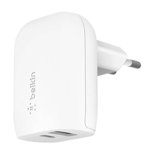 Belkin BOOST CHARGE Dual Home Charger - Adaptateur secteur - 32 Watt - 2 connecteurs de sortie (USB 24 pin USB-C) - blanc