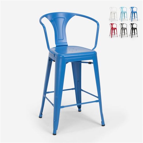 Tabouret avec dossier en métal design industriel pour bar et cuisine style Tolix Steel Back, Couleur: Bleu