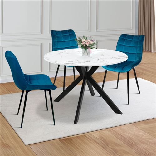 Table à Manger Ronde Extensible SELMA - Plateau Effet Marbre Blanc - Pieds Métal Noir - 4 à 8 Personnes - 110-150 Cm - 6