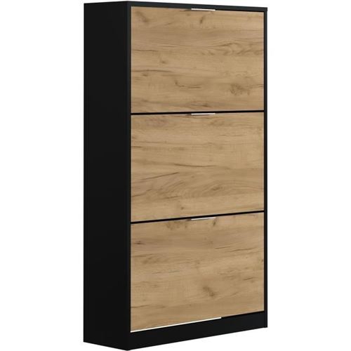 Meuble A Chaussure 3 Portes - Décor Chene Et Noir - 75x25x128 Cm - Leona