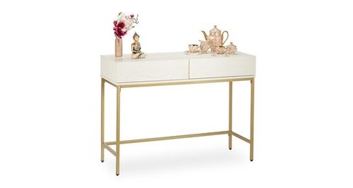 Table de console, 2 tiroirs, meuble d’appoint aspect bois, salon, couloir, hlp 80x110x40 cm, blanc/doré