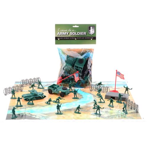 Set de soldats en plastique avec tapis de jeux, tank, jeep, décors, etc…. Various