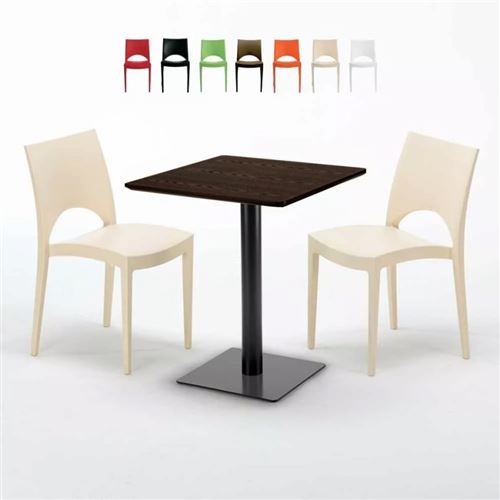Table carrée 60x60 pied noir et plateau bois avec 2 chaises colorées Paris Kiss, Couleur: Beige