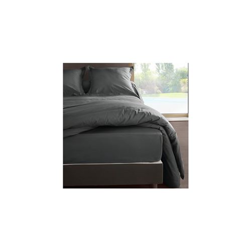 Drap housse percale M&eacute;line 2 LABELISSIM - Gris Ardoise - 90 x 190 cm