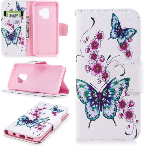 Etui en PU support magnétique impression fleur et papillon pour Samsung Galaxy S9