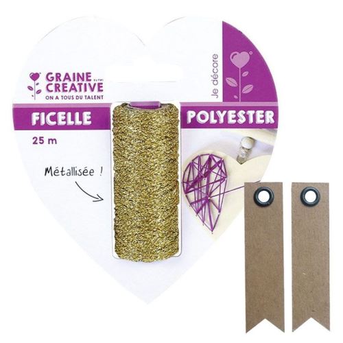 Bobine de ficelle métallisée dorée 25 m + 20 étiquettes kraft Fanion - Graine Créative
