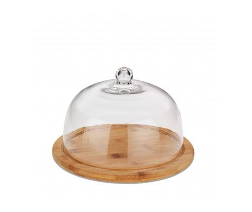 Plateau à Fromage Rond Base Bambou et Cloche en Verre