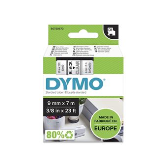 DYMO D1 - Auto-adhésif - noir sur transparent - Rouleau (0,9 cm x 7 m) 1 cassette(s) bande d'étiquettes - pour LabelMANAGER 100, 160, 210, 220, 260, 280, 300, 360, 420, Wireless PnP; LabelPOINT 250