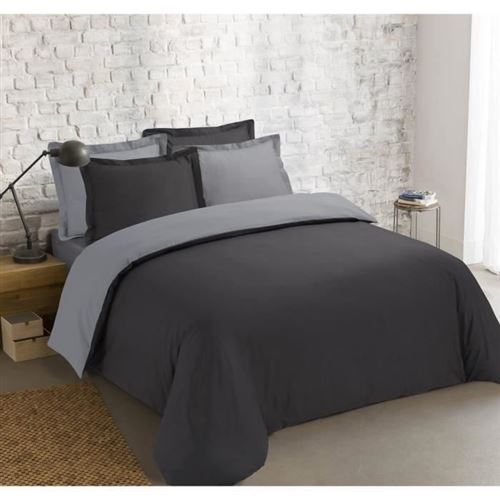 VISION Parure de couette 100% coton - 1 housse de couette 200 x 200 cm + 2 taies doreiller 65 x 65 cm - Gris / Anthracite
