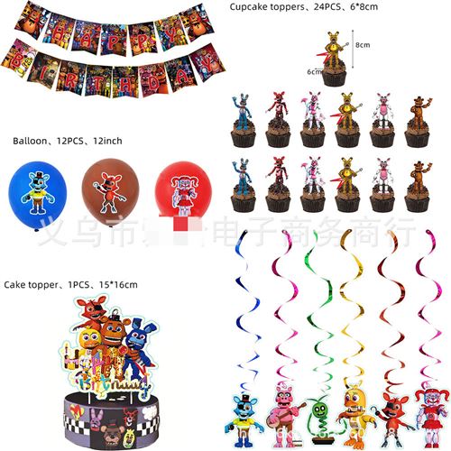 64PCS Decoration Anniversaire Thème de Five Nights at Freddy's FONGWAN avec Bannière Ballons pour Enfants Fête-Multicolore