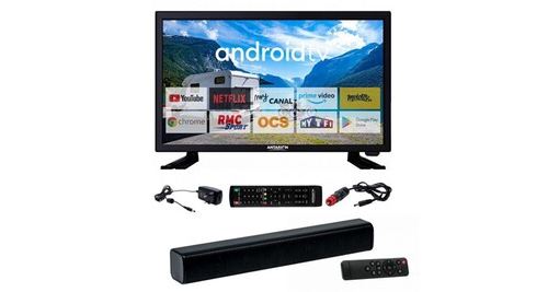 Pack antarion tv led 22 55cm smart tv camping 12v barre de son compacte