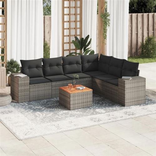  Salon de jardin avec coussins 7 pcs gris resine tressee