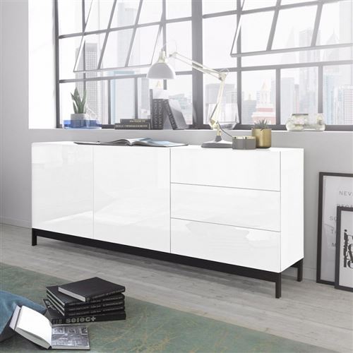 Buffet Salon 2 Portes 3 Tiroirs 170cm Blanc Brillant Metis Up Kommode