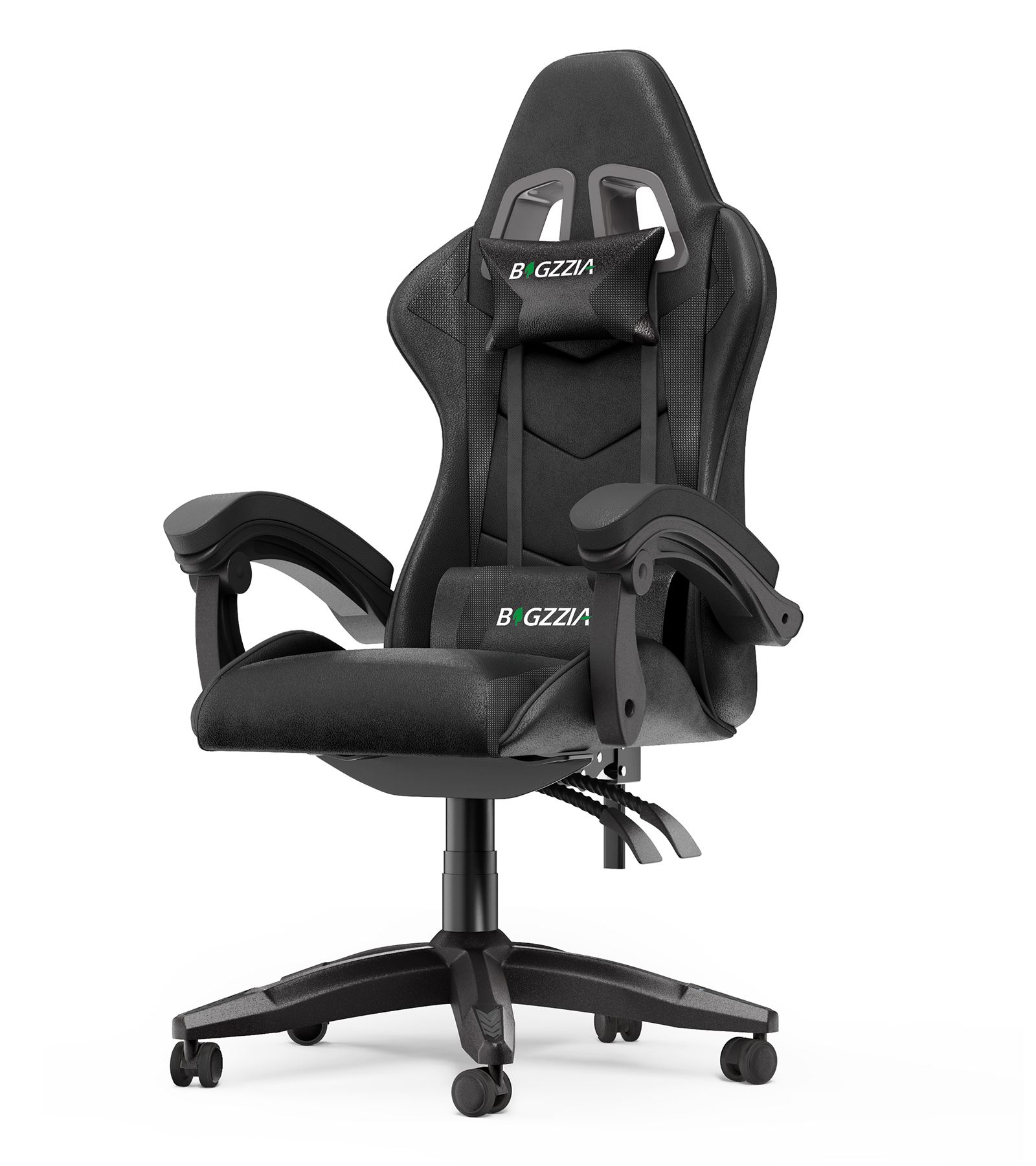 Chaise gaming Ergonomique BIGZZIA, Siège gaming Pivotant, avec coussin et dossier, Accoudoirs - Réglables en hauteur - Noir