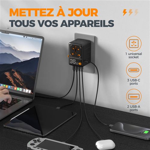 hotimy Adaptateur Universel de Voyage, Adaptateur Prise 2500W avec 3