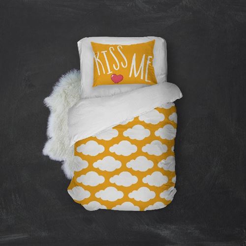 HOMEMANIA Pack oreiller et couette Kiss 3 - Orange, blanc - 155 x 210 cm