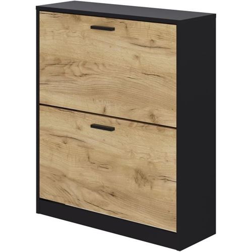 Meuble A Chaussure 2 Portes - Décor Chene Et Noir - 74x25x88 Cm - Leona