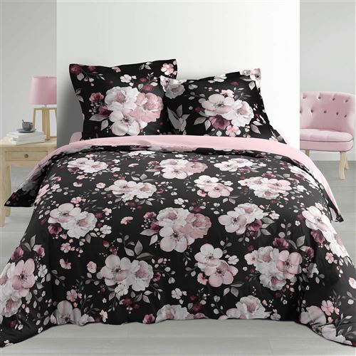 Housse de couette 220x240 cm + taies en Percale 78 fils Velvetflower Noir Douceur d'Intérieur