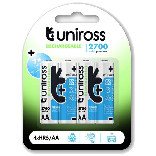 UNIROSS Pack de 4 Piles Rechargeable AA/HR6 2700 NIMH HYBRIO, 1.2V