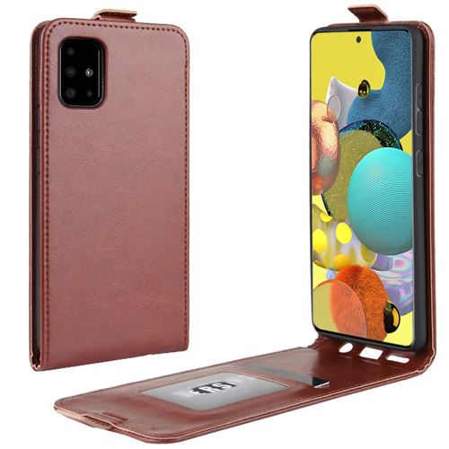 Etui en PU peau de cheval fou à retournement vertical avec porte-carte marron pour votre Samsung Galaxy A51 5G SM-A516