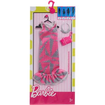 Tenue Robe Vintage Rose/gris Pour Poupée Barbie - Étiquette Violette (71) - Occasion