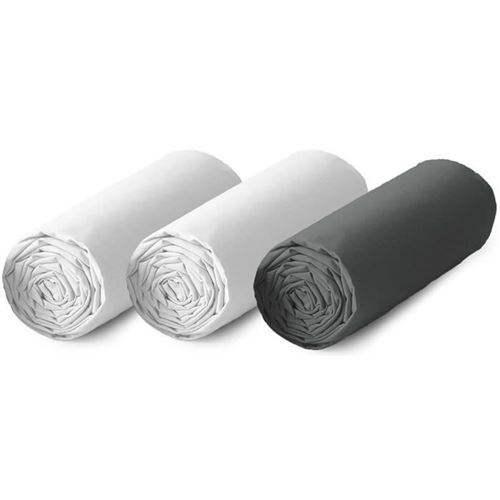 TODAY Lot de 3 draps housse 100% coton - 140x190 cm - Blanc et gris anthracite TODAY