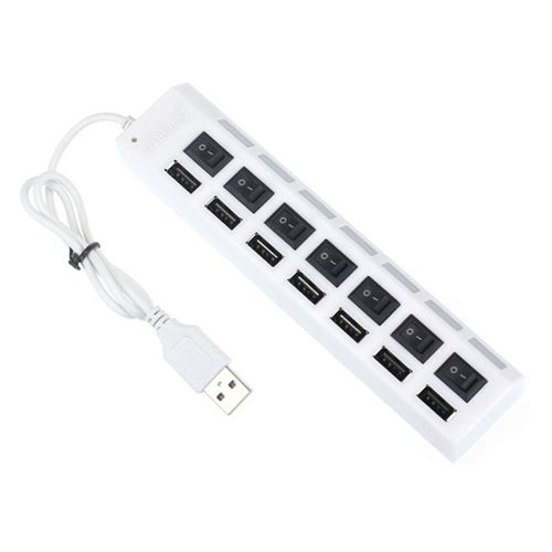 Hub USB 2.0 Blanc – 7 Ports avec Interrupteurs Individuels – Haute Vitesse 480 Mbps – Straße Tech