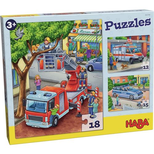 Haba puzzle enfants police, pompiers, ambulance 3 pièces De