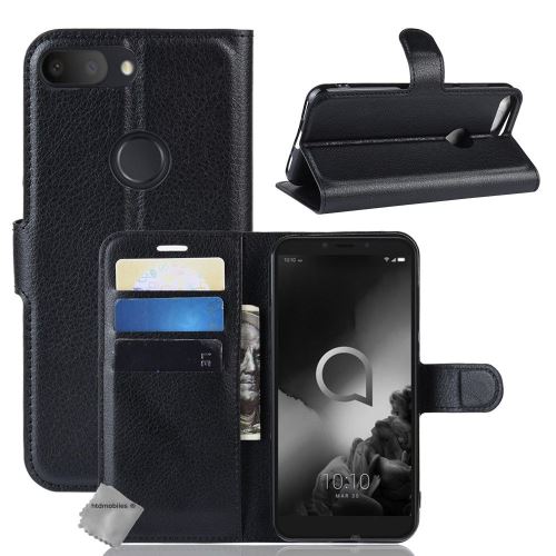 Housse portefeuille avec coque intérieure en silicone pour Alcatel 1S (2019) - film ecran inclus - NOIR