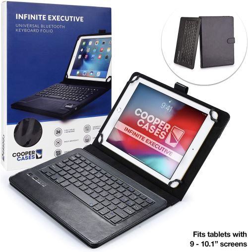 Cooper Infinite Executive Étui Folio pour Tablette 9'' 10'' 10.1'' Coque Cuir 2-1 Portefeuille & Clavier sans Fil Bluetooth Batterie 14 Raccourci (Noir)