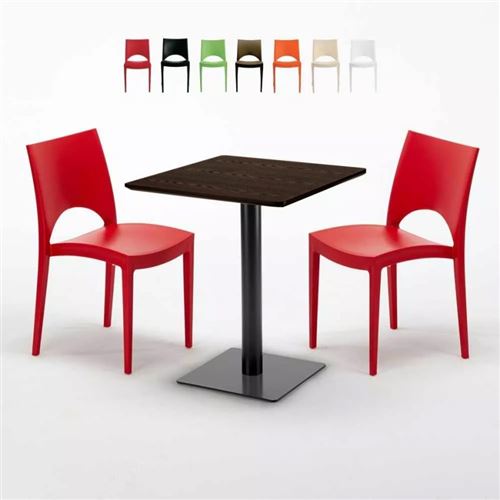 Table carrée 60x60 pied noir et plateau bois avec 2 chaises colorées Paris Kiss, Couleur: Rouge