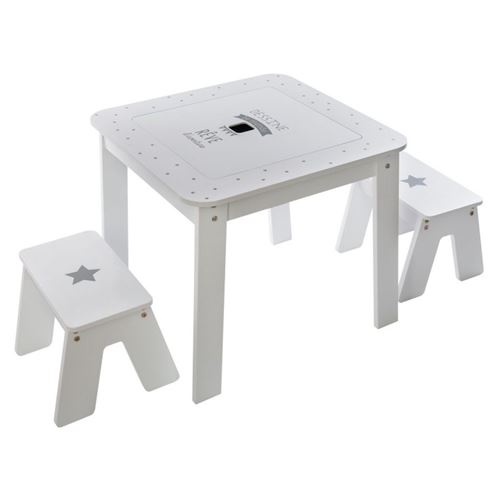 Atmosphera Kids - Table bureau avec tabourets enfant Douceur - L. 57 x H. 51 cm - Blanc et gris - Douceur