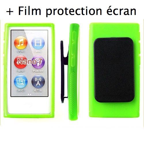 Housse étui coque silicone vert avec clip pour iPod nano 7 7G , Film protection