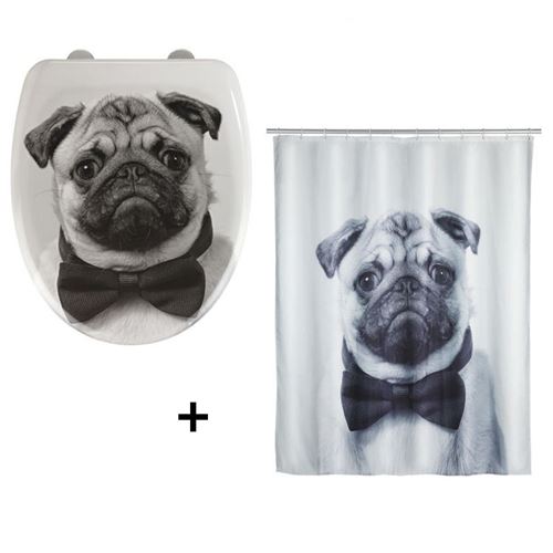 Wenko - Accessoires de salle de bain - Abattant WC et rideau de douche Chien - Blanc et gris