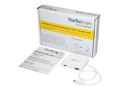 Hub Usb Startech Hub Usb-c à 3 Ports Avec Power Delivery - Usb-c Vers 3x Usb-a - Hub Usb 3.0 - Blanc