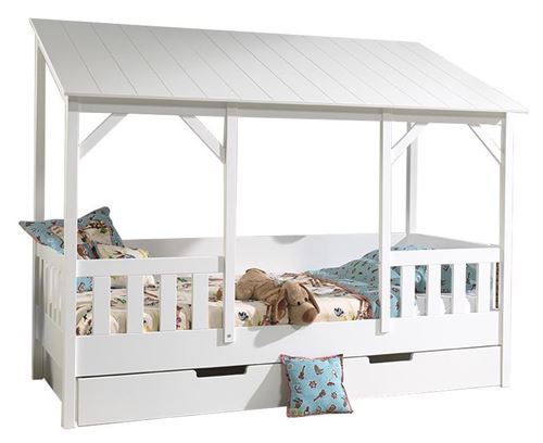 Lit cabane 90x200 cm avec tiroir et toit blanc - HUTTY