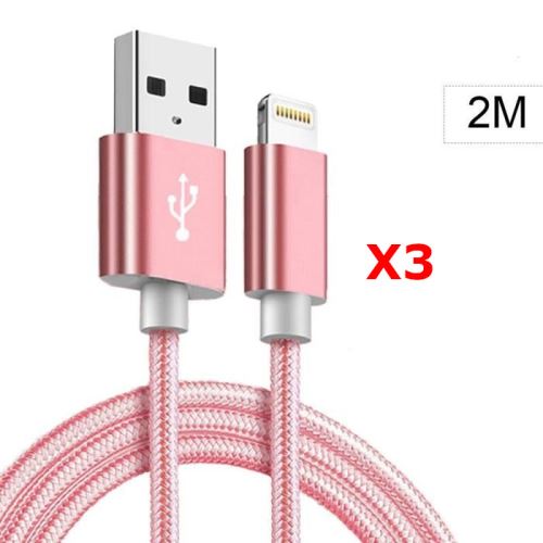 X3 Cable Metal Nylon Renforce Chargeur USB Couleur Rose pour IPhone Longueur 2m Tréssé Compatible IPhone 5s/6/6S/7/8/X/Xr X3 Little Boutik®