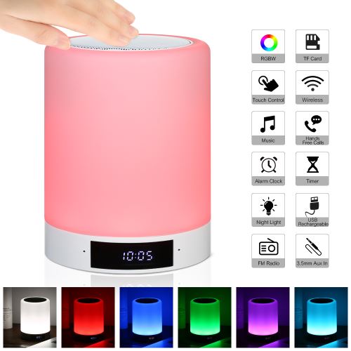 Lampe de Chevet LED Touch USB Rechargeable BT Haut-parleur Touch Control Dimmable Lampe ambiance Alarme Support Prise en charge Carte TF AUX-in Radio FM Minuterie Appels mains libres