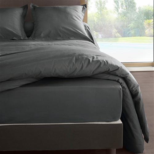 Drap housse percale M&eacute;line 2 LABELISSIM - Gris Ardoise - 140 x 190 cm