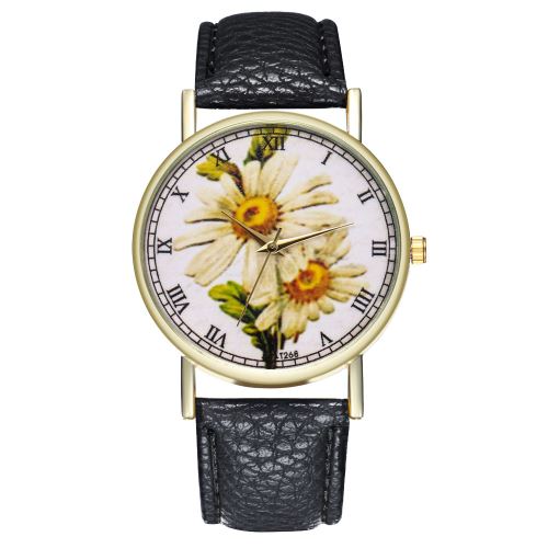 Montre de fleur de marguerite classique montre de dame florale de bracelet en cuir montre à quartz T268-Anoir